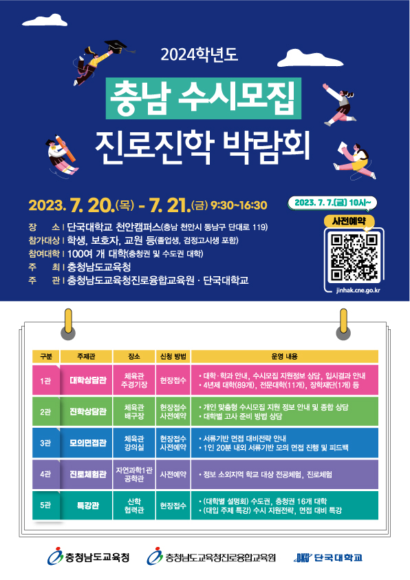 2024학년도 충남 수시모집 진로진학 박람회 2023.7.20.(목)~7.21.(금)9:30~16:30 장소: 단국대학교 천안캠퍼스(충남 천안시 동남구 단대로 119) 참가대상: 학생, 보호자, 교원 등(충청권 및 수도권 대학) 주최: 충청남도 교육청 주관: 충청남도 교육청 진료융합교육원·단국대학교1관 대학상담관 체육관 주경기장 현장접수 대학 ·학과 안내, 수시모집, 지원정보 상담, 입시결과 안내, 4년제 대학(89개), 전문대학(11개), 장학재단 (1개) 등 2관 진학상담관 체육관 배구장  현장접수, 사전예약 개인 맞춤형 수시모집 지원 정보 안내 및 종합 상담, 대학별 고시준비 방법 상담 3관 모의면접관 체육관 강의실 현장접수, 사전예약 서류기반 면접 대비 전략 안내 1인 20분 내외 서류기반 모의 면접 진행 및 피드백4관 진로체험관 자연과학1관 공학관 사전예약 정보 소외지역 학교 대상 전공체험, 진로체험 5관 특강관 산학협력관 현장접수 대학별 설명회 수도권, 충청권 16개 대학, 대입주제 특강 수시 지원전략, 면접 대비 특강