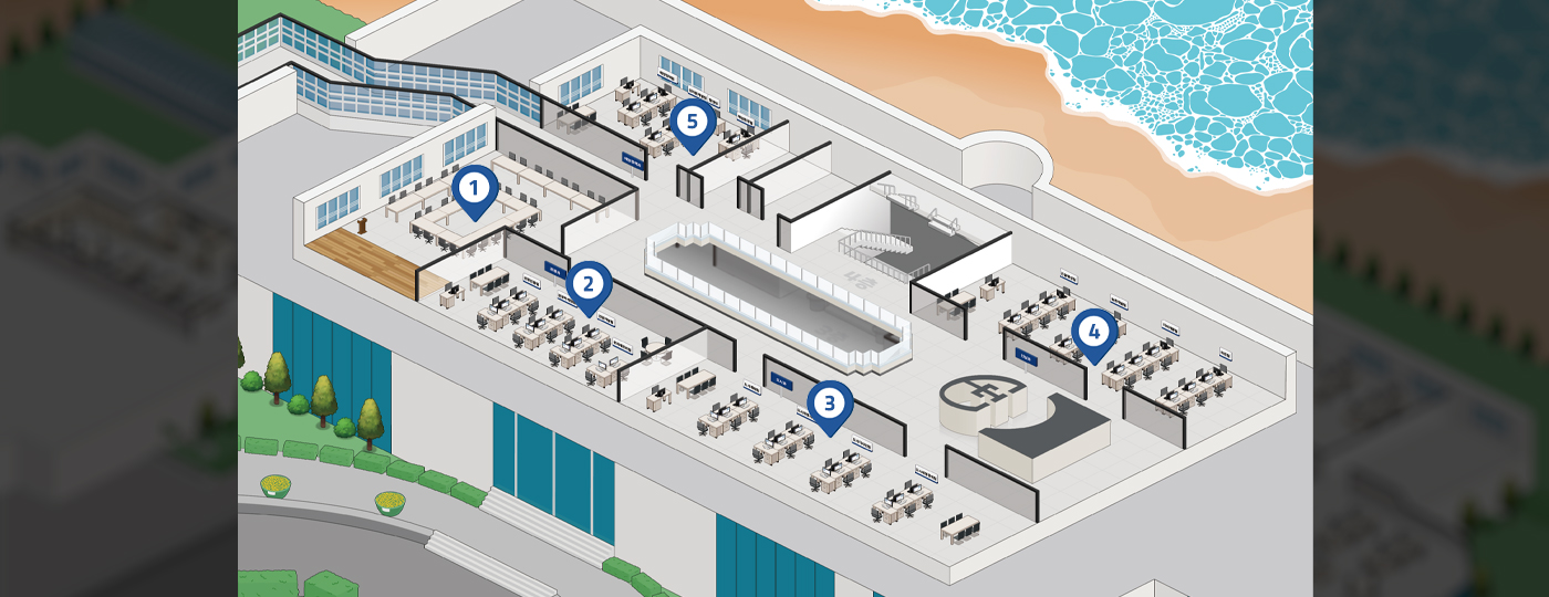 본청4층 배치도이며 1번 중회의실 2번 관광과 3번 도시과 4번 건설과 5번 해양정책과