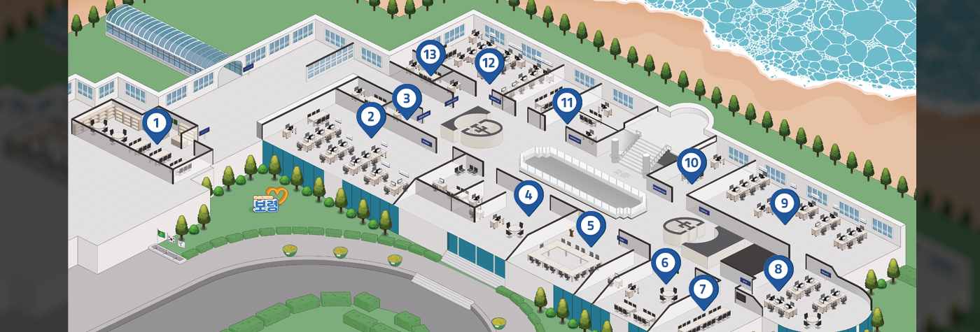 본청2층 배치도이며 1번 다온카페 2번 자치행정과 3번 행정복지국장실 4번 시장실 5번 상황실 6번 부시장실 7번 영상회의실 8번 감사장 9번 기획감사실 10번 문화관광해양국장실 11번 에너지환경국장실 12번 홍보미디어실 13 경제도시국장실